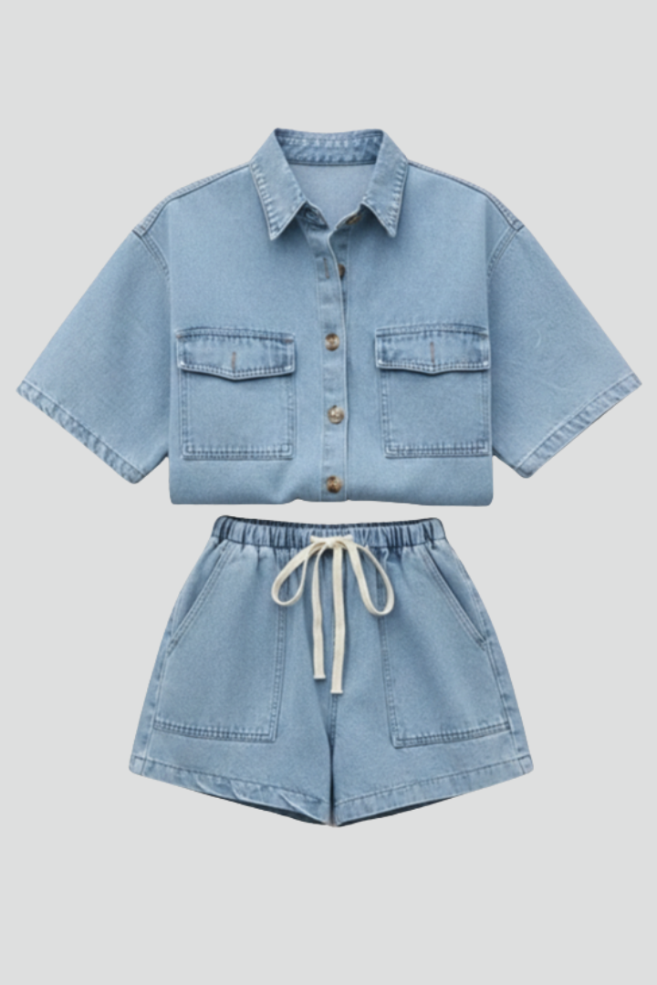 Ensemble femme jean chemise manches courtes short taille élastique casual
