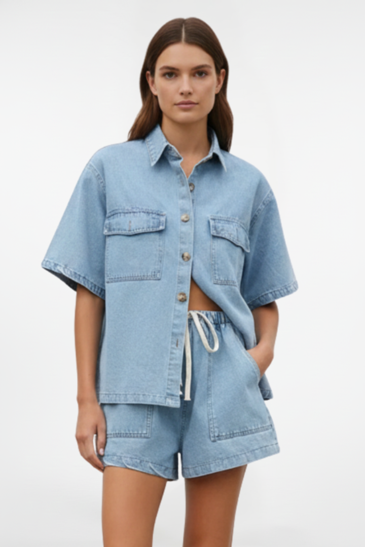 Ensemble femme jean chemise manches courtes short taille élastique casual