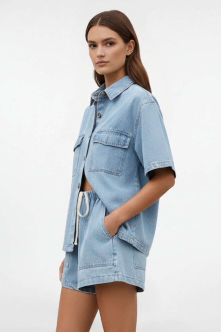 Ensemble femme jean chemise manches courtes short taille élastique casual