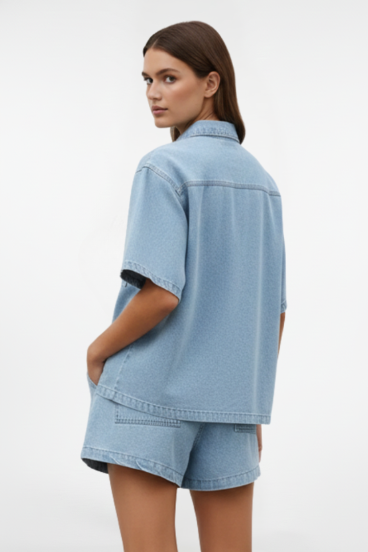 Ensemble femme jean chemise manches courtes short taille élastique casual