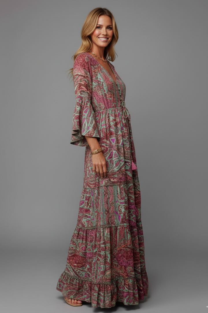 Robe longue bohème femme imprimée col V manches évasées fluide maxi