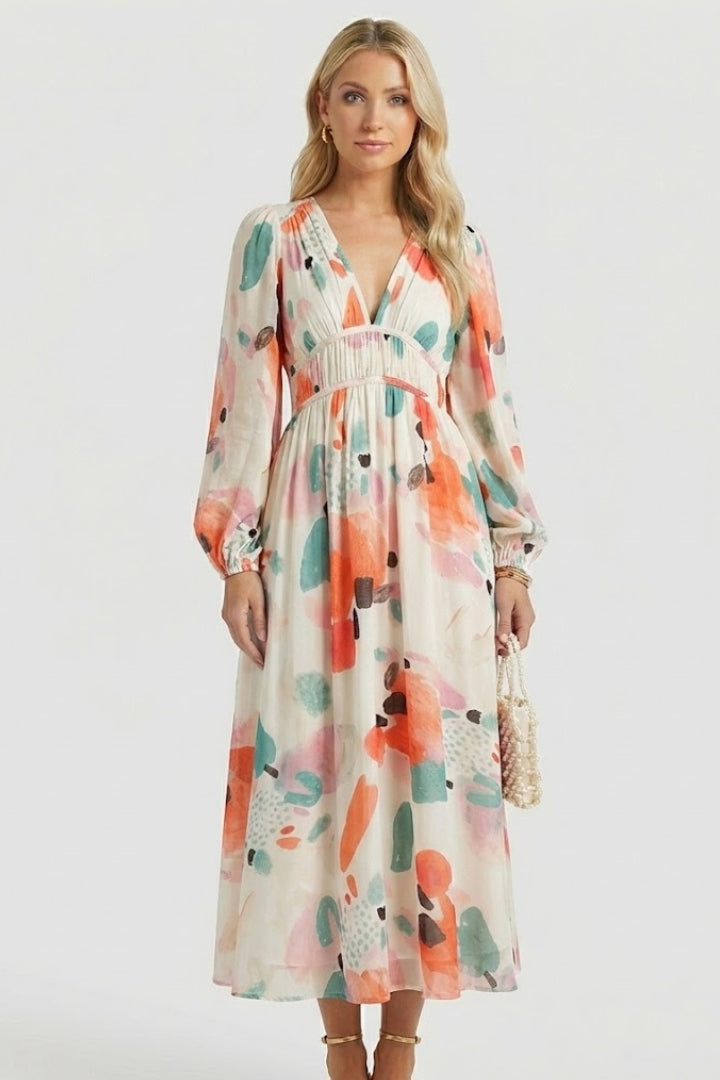 Robe longue femme imprimé aquarelle col V manches bouffantes taille empire fluide élégante
