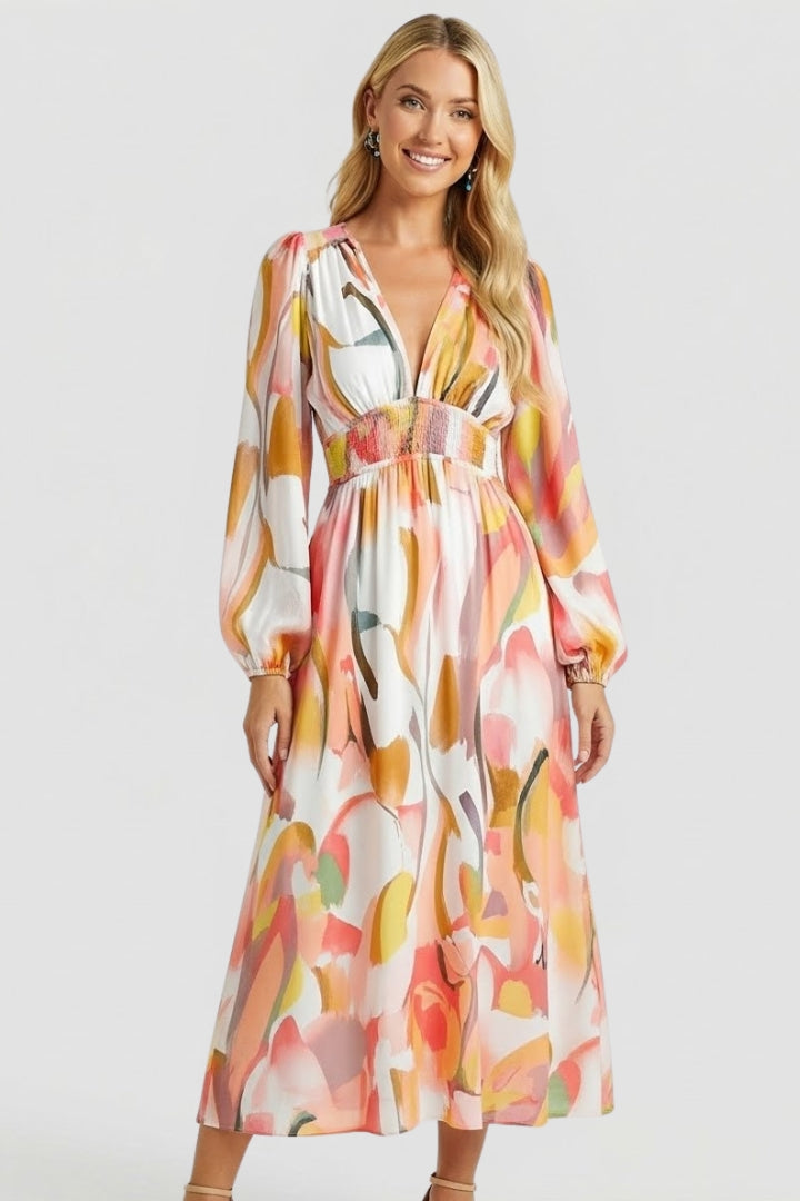 Robe longue femme imprimé aquarelle col V manches bouffantes taille empire fluide élégante