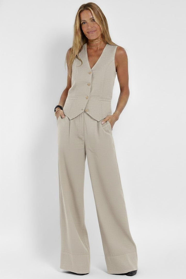 Ensemble femme gilet col V sans manches pantalon large taille haute élégant