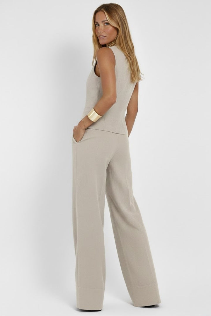 Ensemble femme gilet col V sans manches pantalon large taille haute élégant