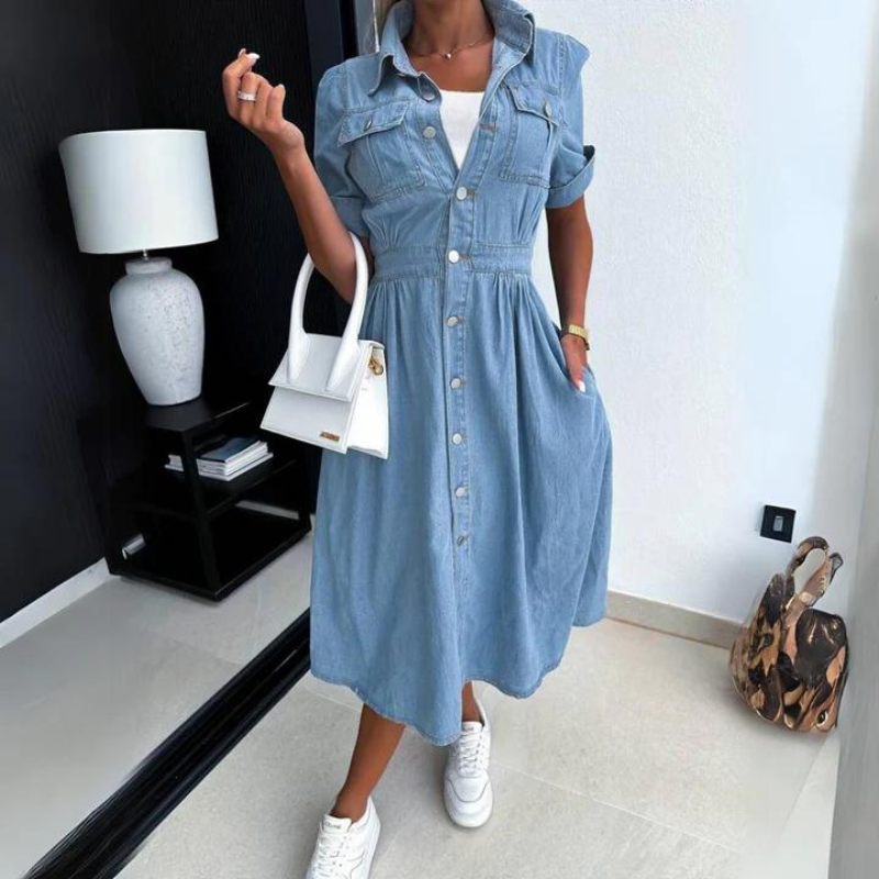 Robe midi en jean femme à boutons pression et manches courtes retroussées