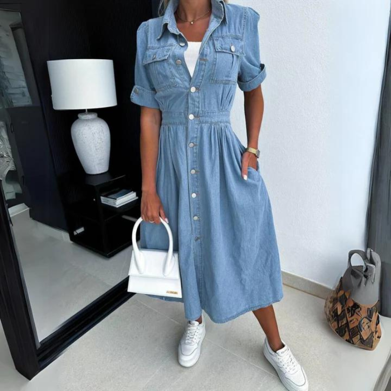 Robe midi en jean femme à boutons pression et manches courtes retroussées
