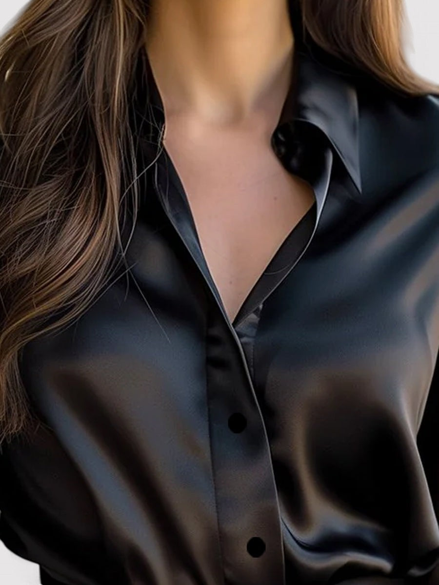 Blouse femme satin manches longues col chemise coupe fluide élégante