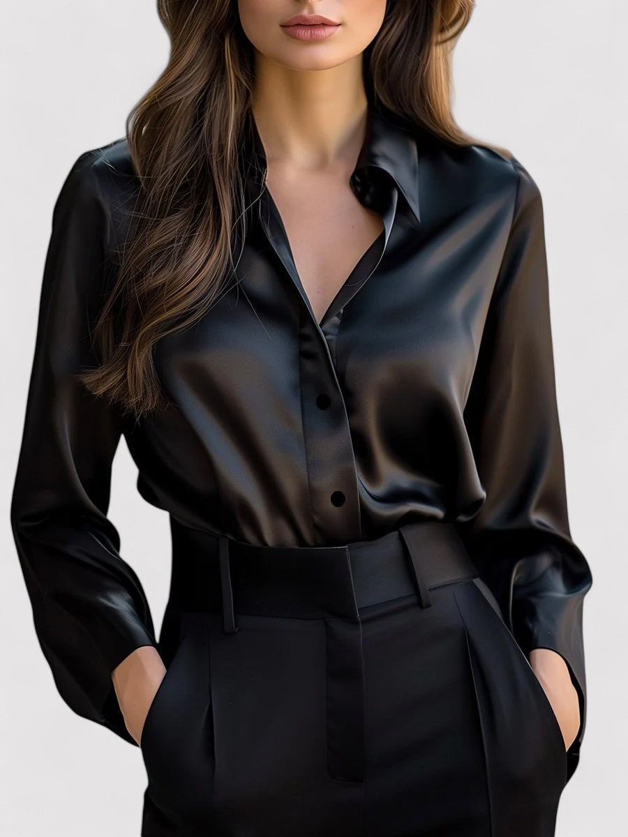 Blouse femme satin manches longues col chemise coupe fluide élégante