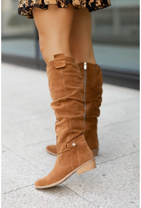 Bottes hautes femme genou style slouch fermeture zippée talon bas