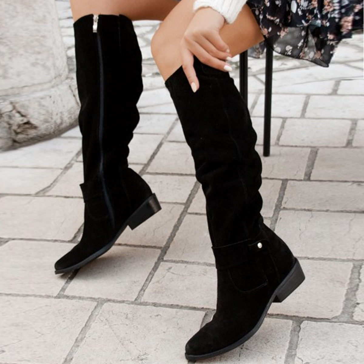Bottes hautes femme genou style slouch fermeture zippée talon bas