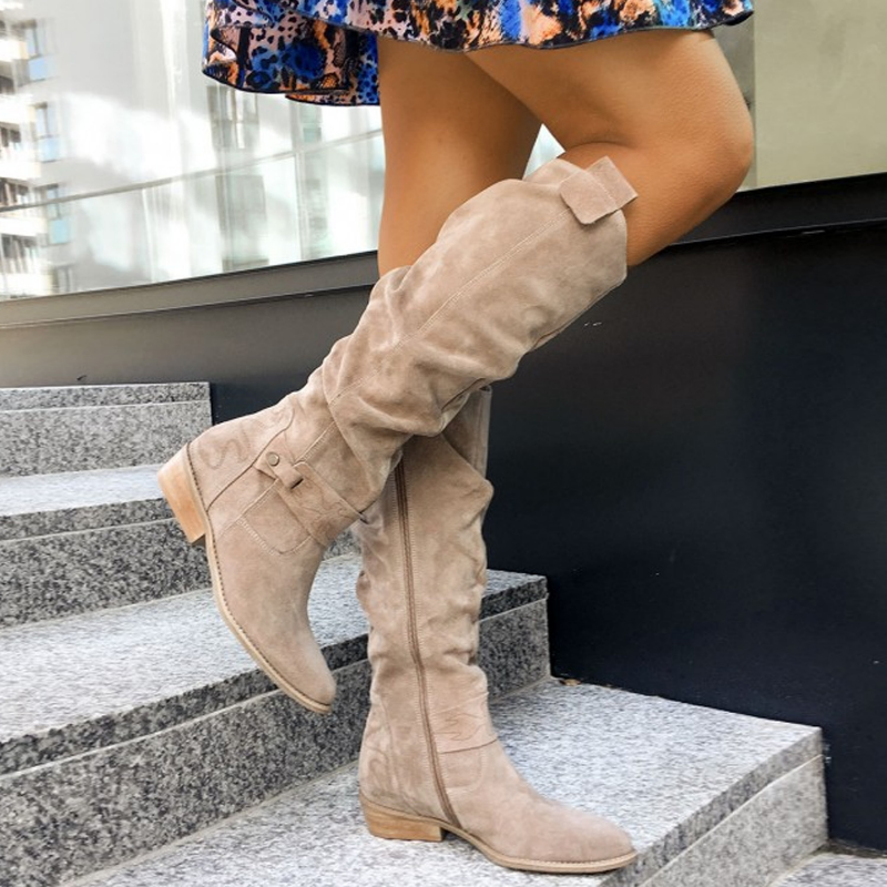 Bottes hautes femme genou style slouch fermeture zippée talon bas