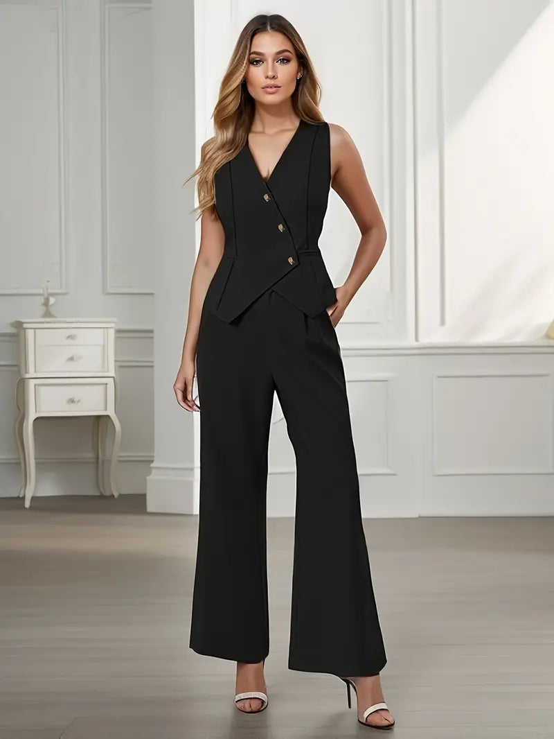 Ensemble femme gilet sans manches pantalon large taille haute élégant bureau