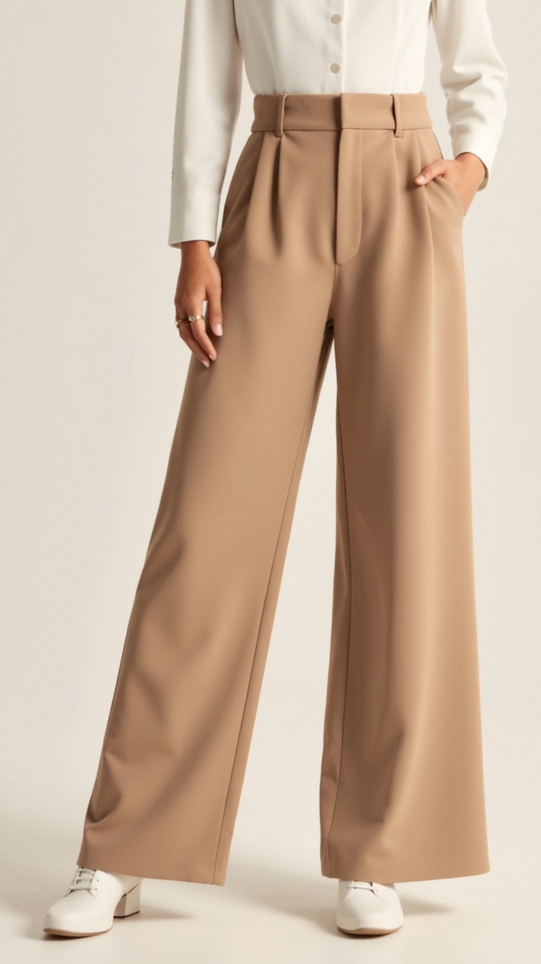 Pantalon femme taille haute large plissé coupe large élégant