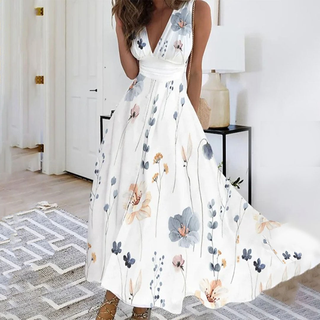 Robe longue femme imprimé floral sans manches col V taille empire