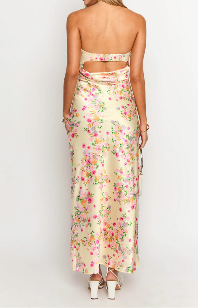 Robe longue femme bustier imprimé floral coupe ajustée sans manches