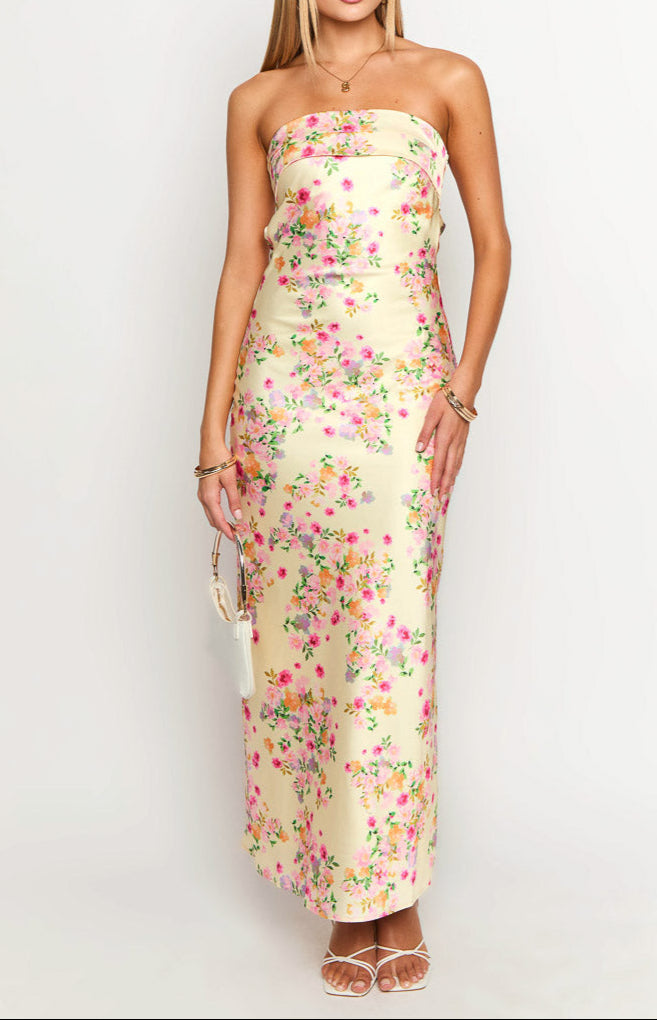 Robe longue femme bustier imprimé floral coupe ajustée sans manches