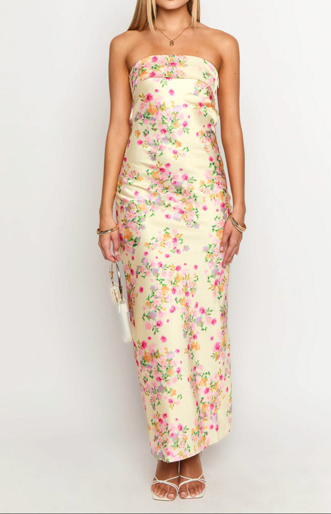 Robe longue femme bustier imprimé floral coupe ajustée sans manches
