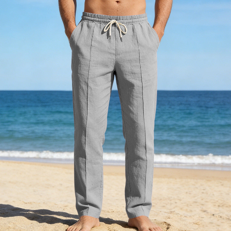 Pantalon homme lin taille élastique cordon de serrage coupe droite