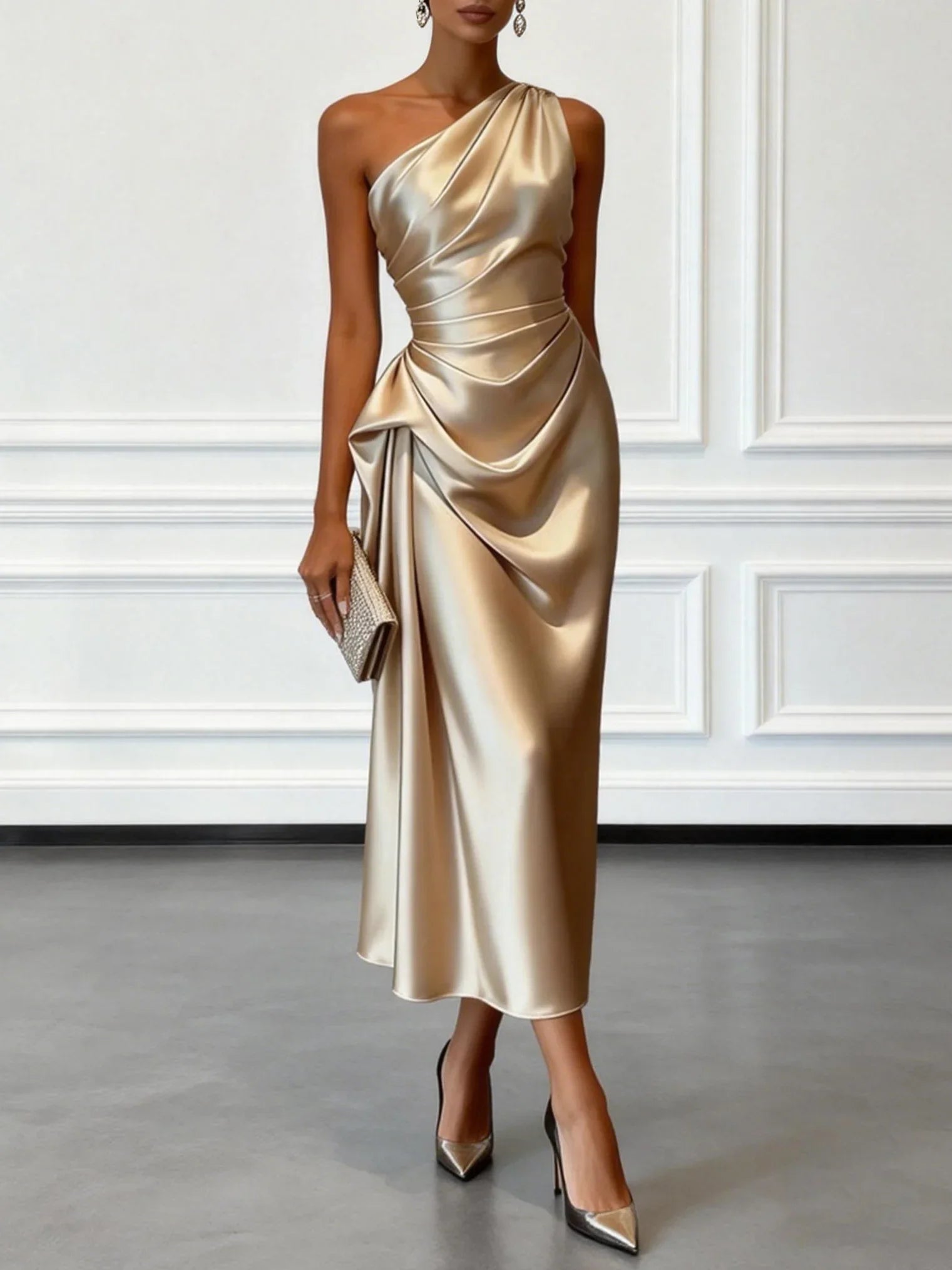 Robe satin midi une épaule drapée soirée
