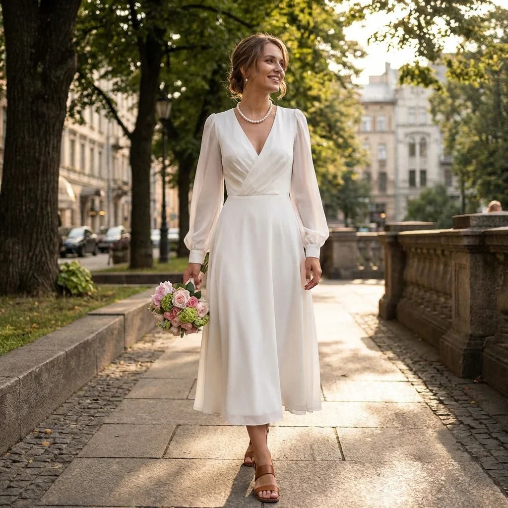 Robe de mariée midi col V manches longues évasée