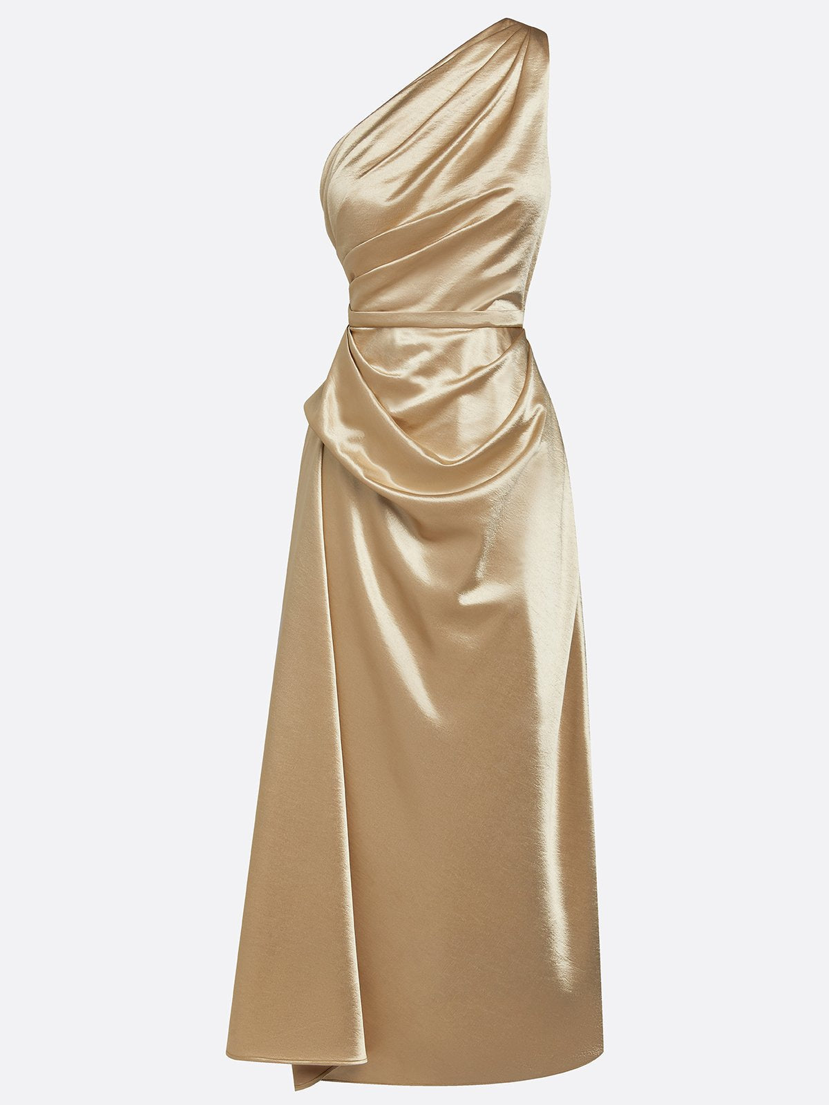 Robe satin midi une épaule drapée soirée