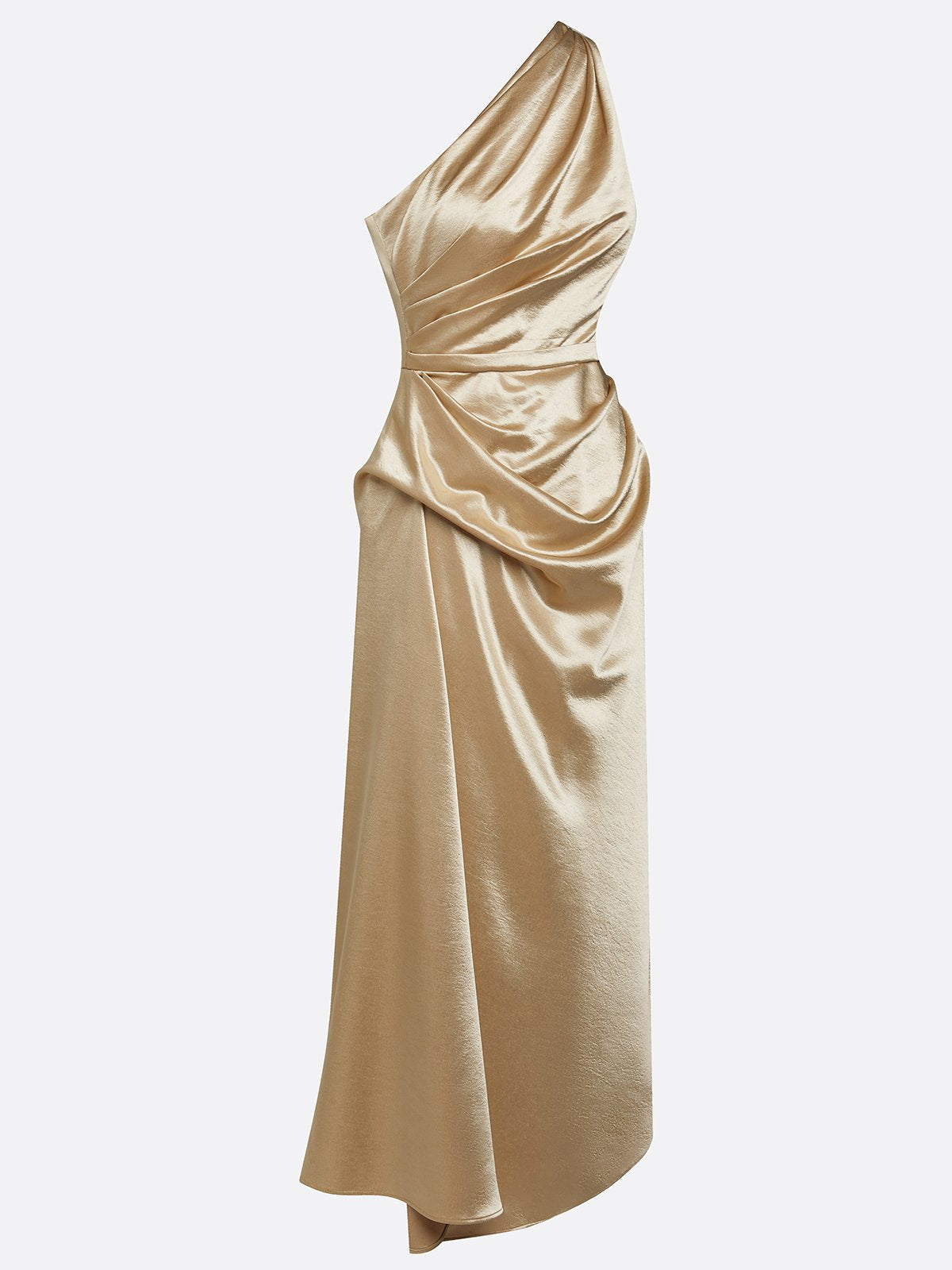 Robe satin midi une épaule drapée soirée