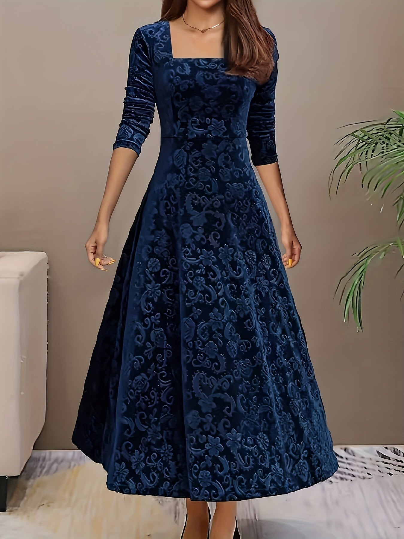 Robe midi femme col carré manches longues coupe évasée élégante