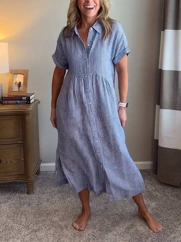 Robe chemise femme rayée midi manches courtes boutonnée coupe ample avec poches