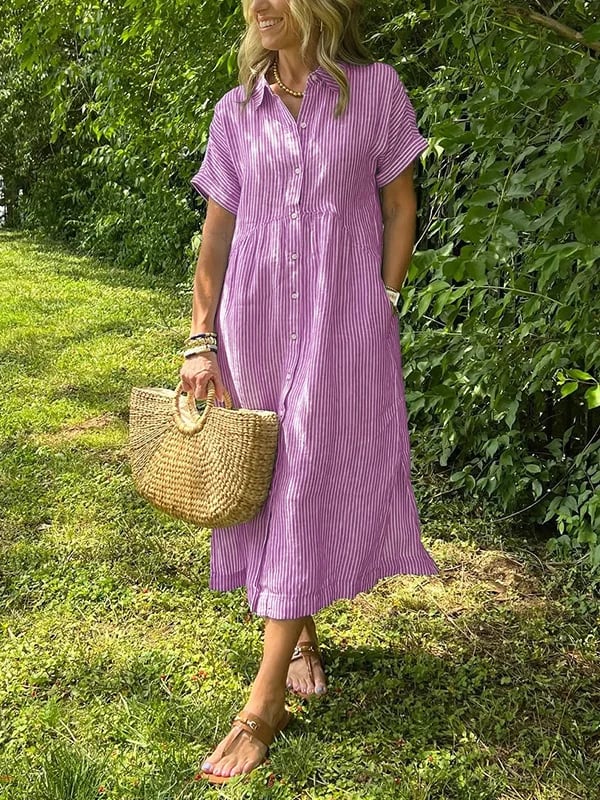 Robe chemise femme rayée midi manches courtes boutonnée coupe ample avec poches