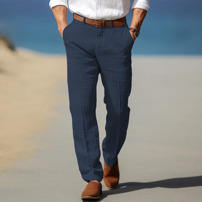 Pantalon homme en lin coupe droite avec passants de ceinture et poches latérales