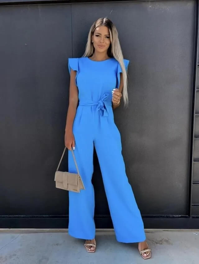 Combinaison pantalon femme invitée mariage à jambes larges avec ceinture nouée
