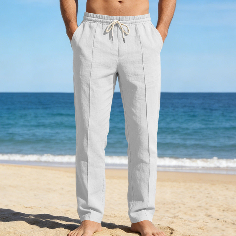 Pantalon homme lin taille élastique cordon de serrage coupe droite