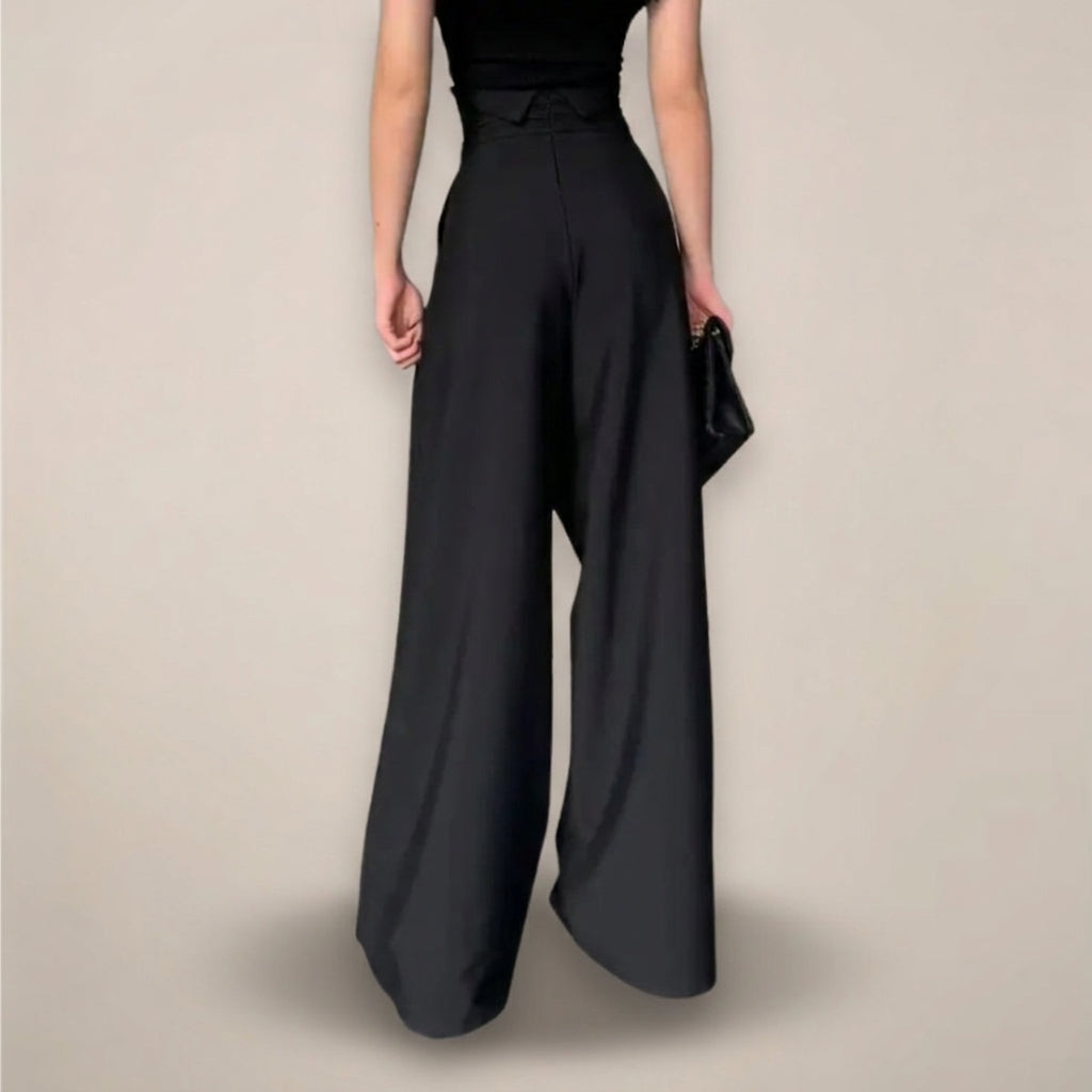 Pantalon femme taille haute coupe large jambes larges style élégant plis devant