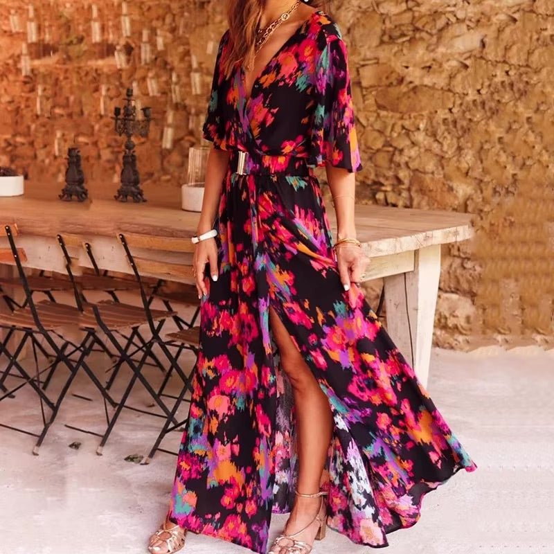 Robe longue portefeuille femme imprimé léopard avec décolleté cache-cœur fendu