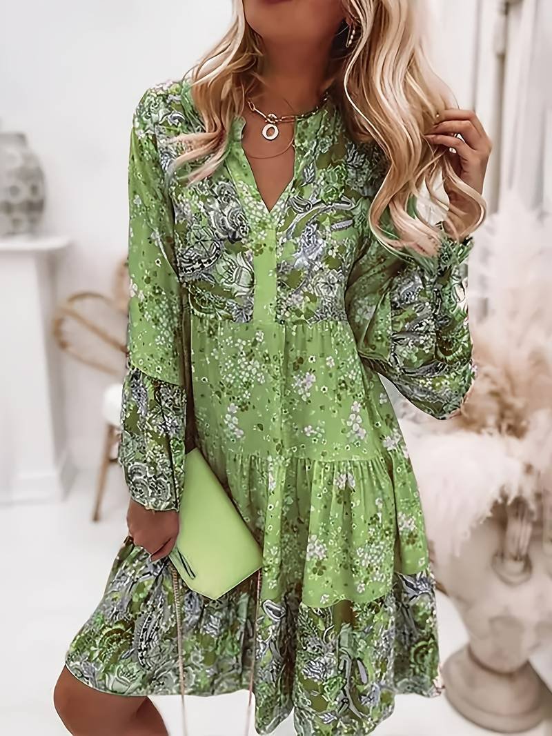 Robe bohème femme imprimé floral avec col V et manches longues volantées