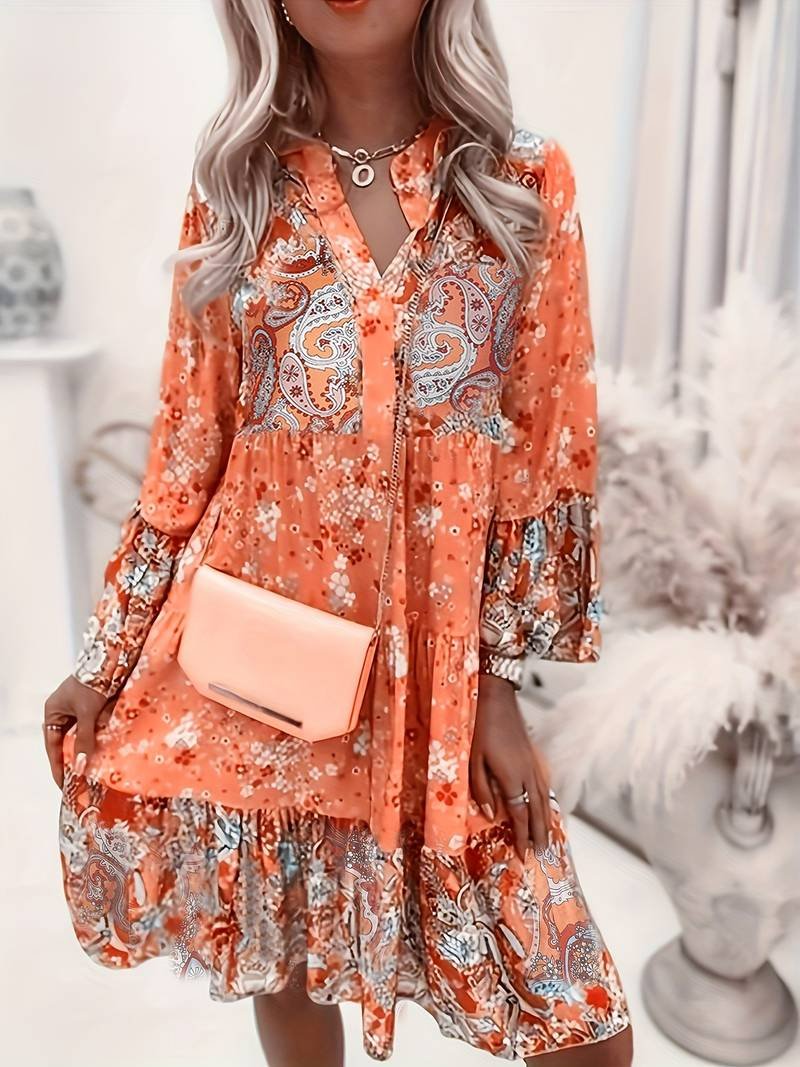 Robe bohème femme imprimé floral avec col V et manches longues volantées