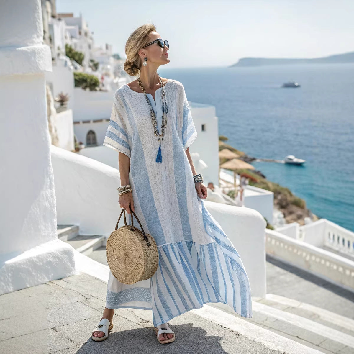 Robe kimono femme longue col V manches larges imprimé rayé coupe ample