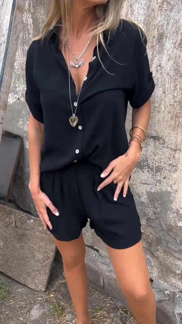 Ensemble femme chemise manches retroussables short taille haute ample casual
