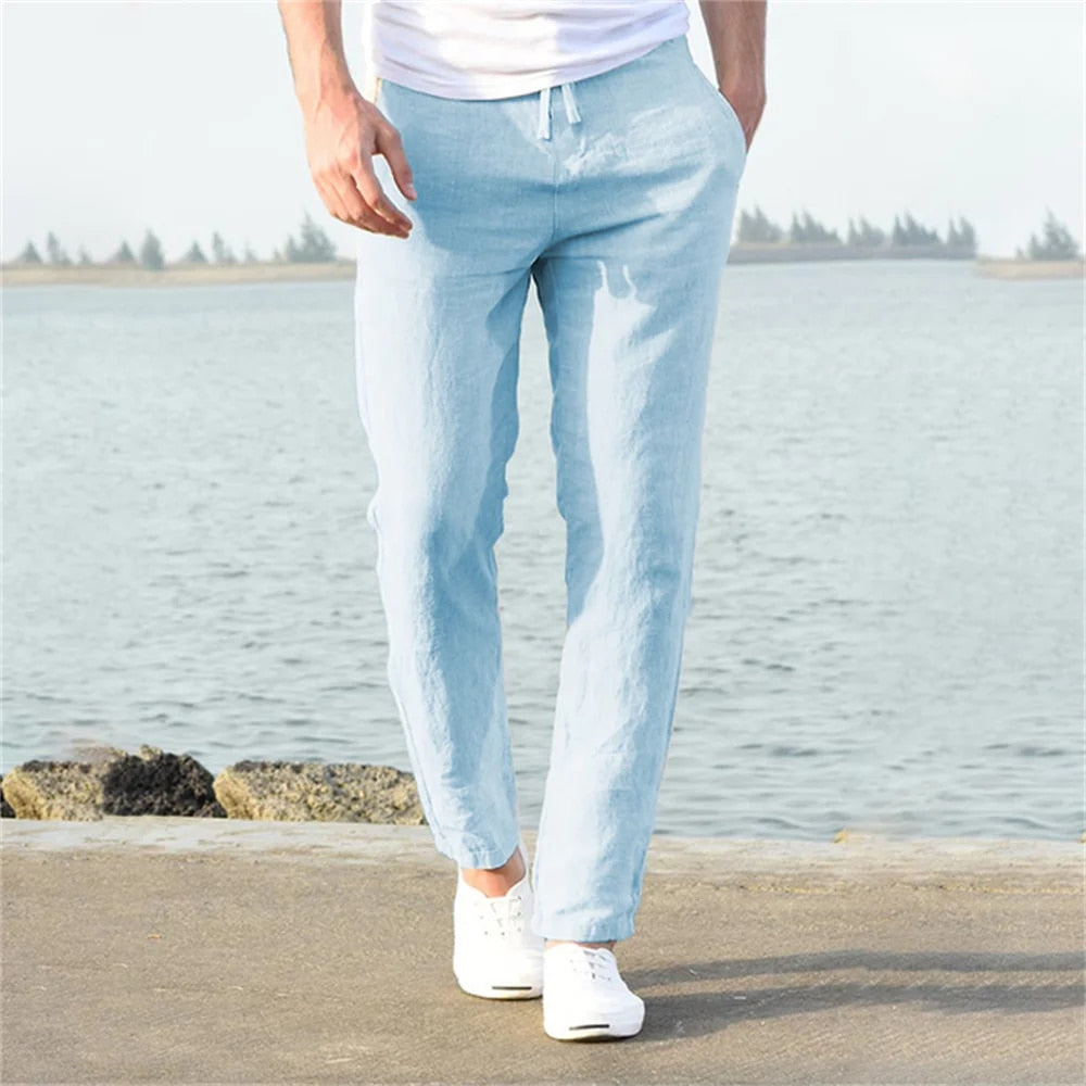 Pantalon homme lin coupe droite taille élastique avec cordon été