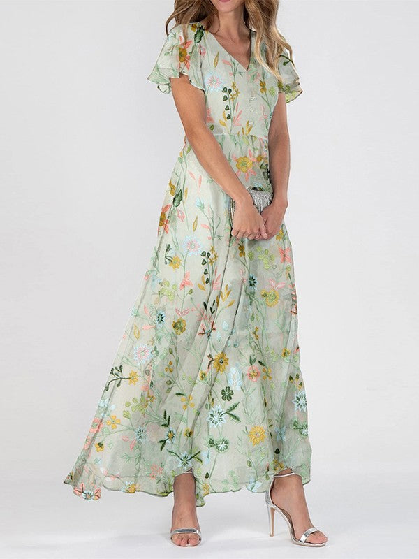 Robe longue femme imprimée fleurs col V manches volantées en mousseline