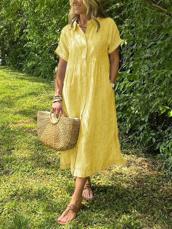 Robe chemise femme rayée midi manches courtes boutonnée coupe ample avec poches