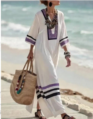 Robe kimono femme longue col V manches larges imprimé rayé coupe ample