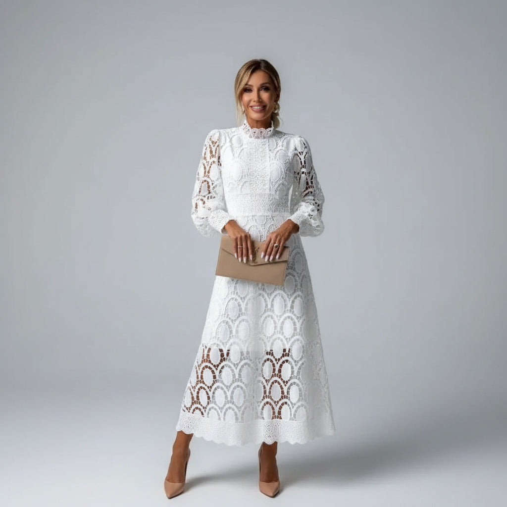 Robe dentelle midi col montant manches longues invitée mariage