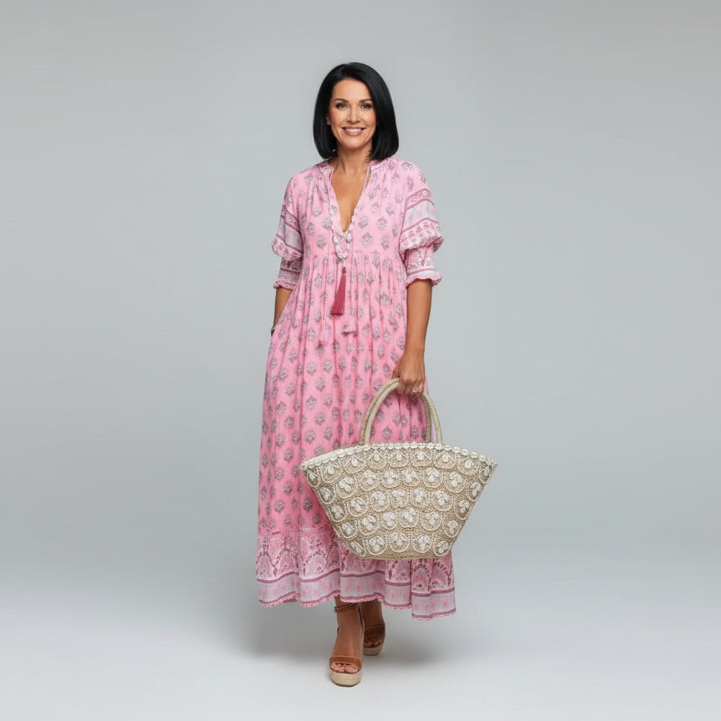 Robe bohème midi imprimée col V manches 3/4 été