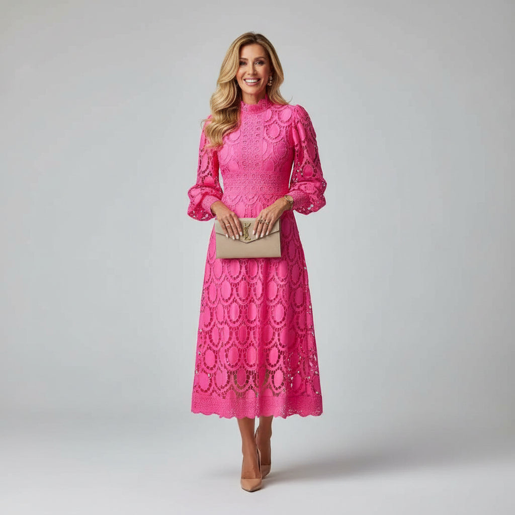 Robe dentelle midi col montant manches longues invitée mariage