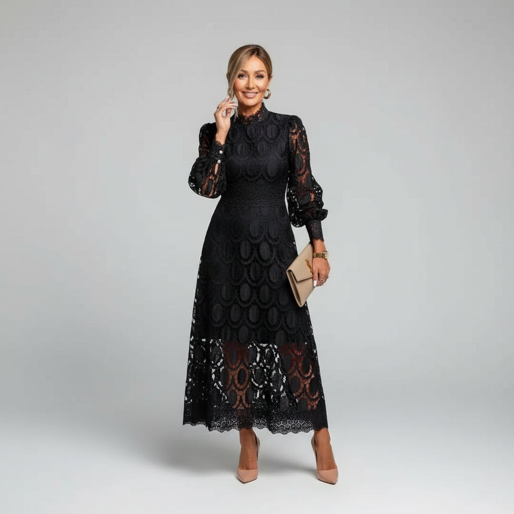 Robe dentelle midi col montant manches longues invitée mariage