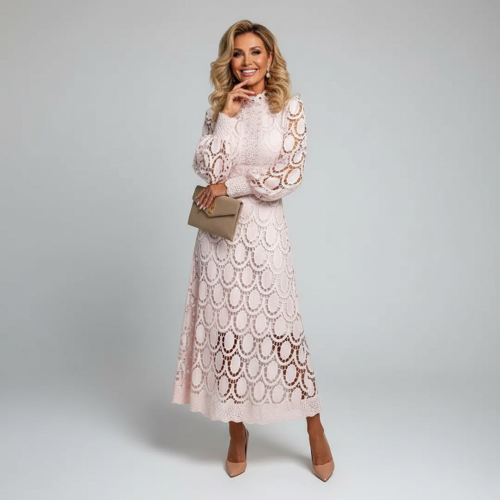 Robe dentelle midi col montant manches longues invitée mariage