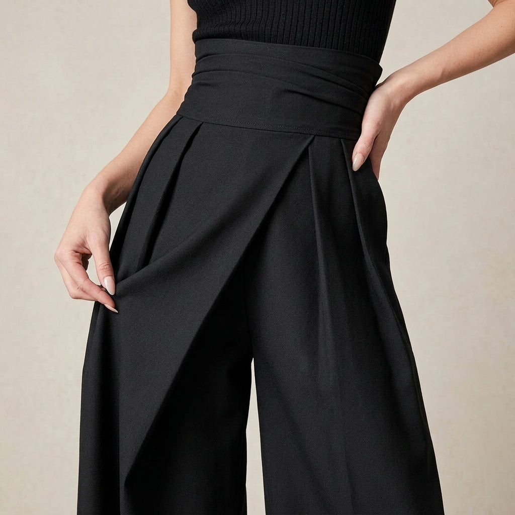 Pantalon femme taille haute coupe large jambes larges style élégant plis devant
