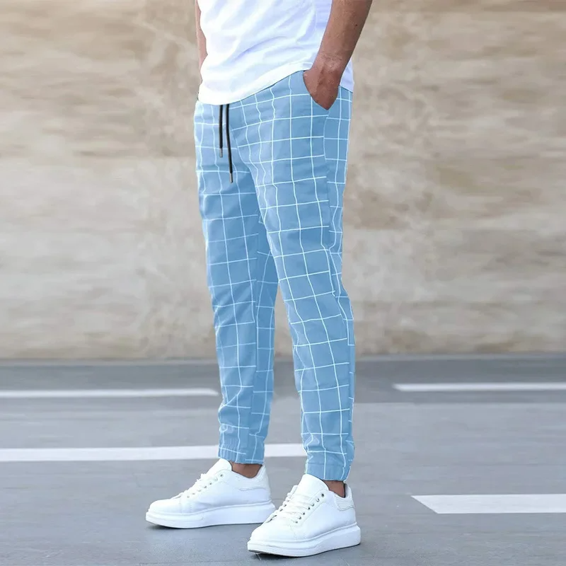 Pantalon homme carreaux taille élastique cordon de serrage coupe slim